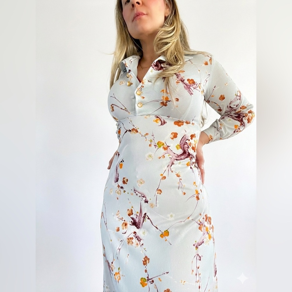 Vintage 1970s Blue Floral Midi Dress